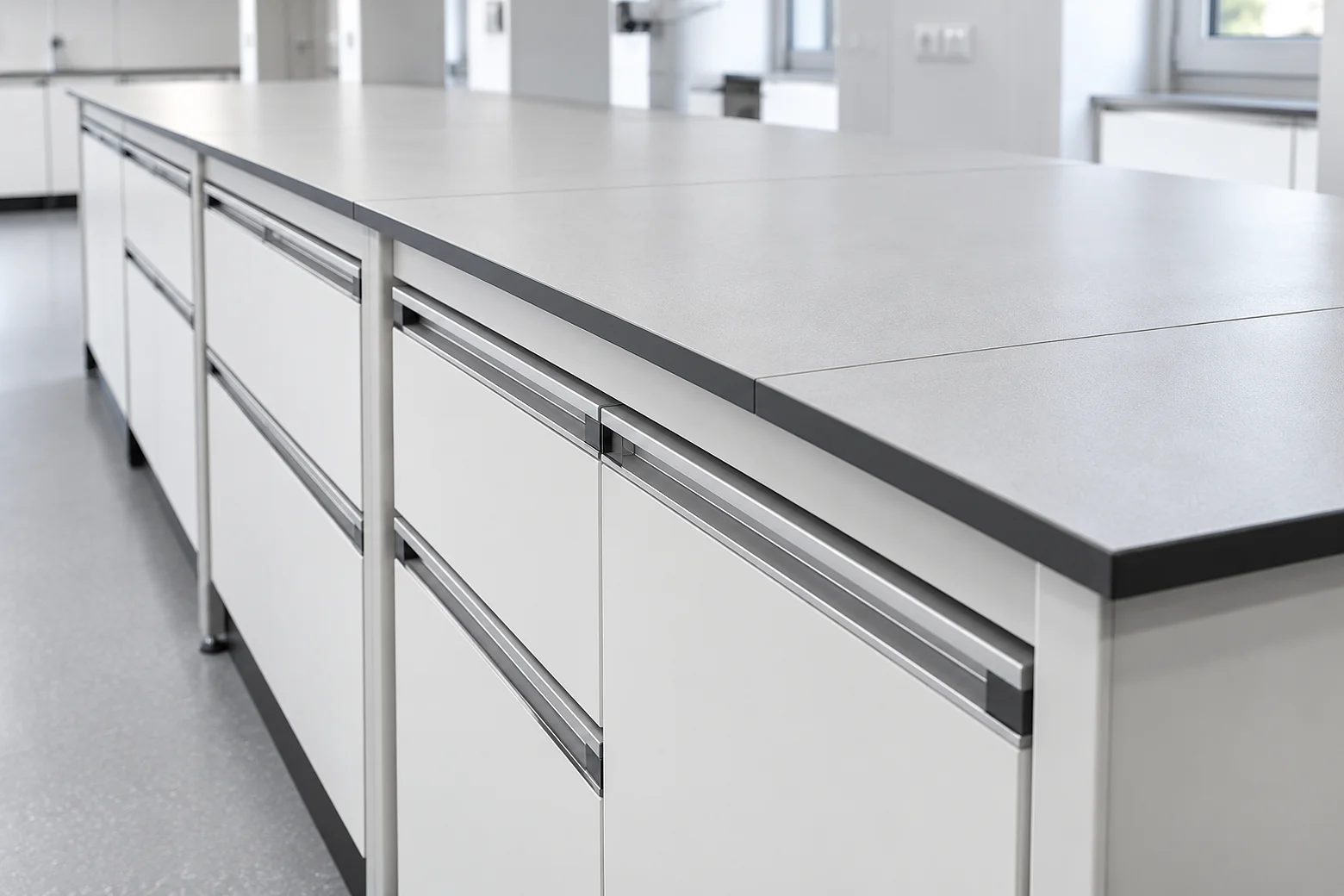 Szare blaty laboratoryjne na szafkach z szufladami, zbliżenie w laboratorium